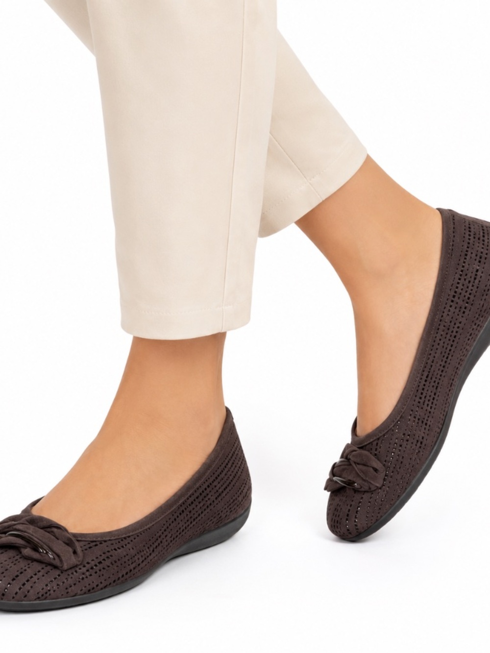 BeautiFeel Perforated Leather Ballet Flats Brown Bow Size 38